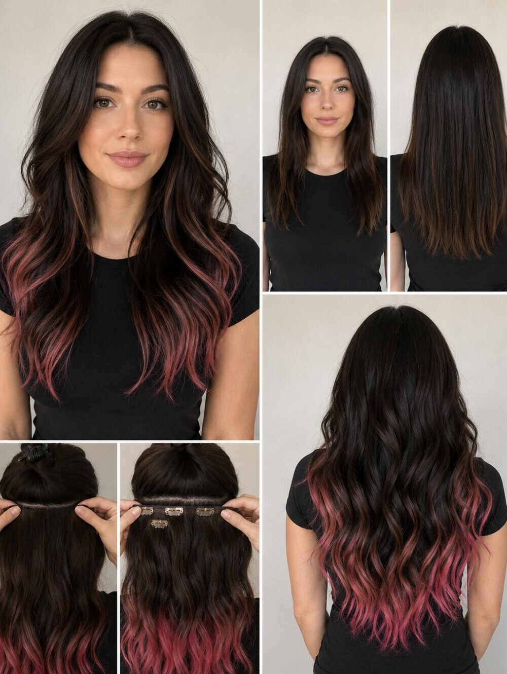 26 Inch Clip In Hair Extensions Dark Brown Black Pink Ombre 7 Piece Set